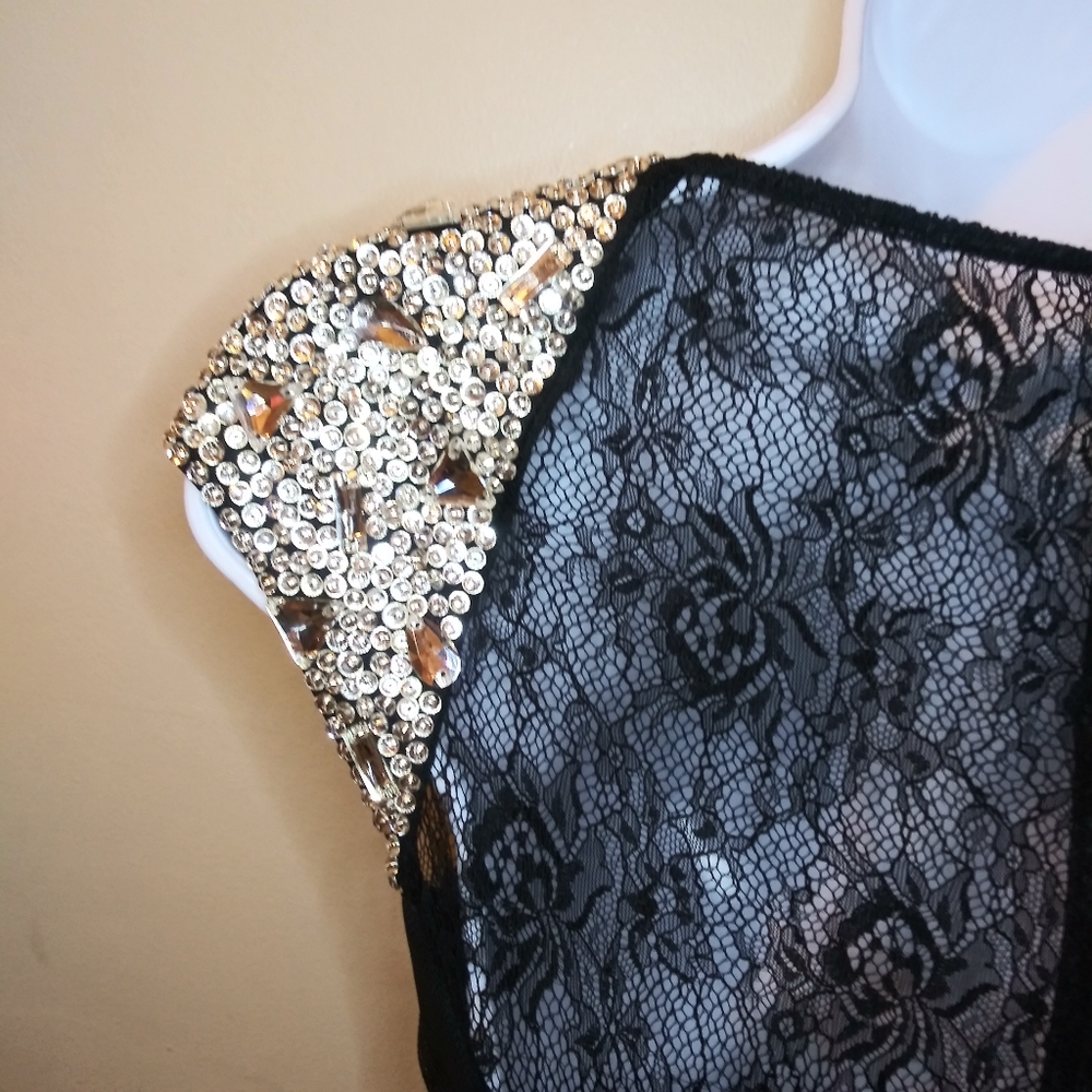 Jovani Sexy Black Rhinestone & Bead Studded Cap Sleeved Cocktail Dress - Picture 10 of 16